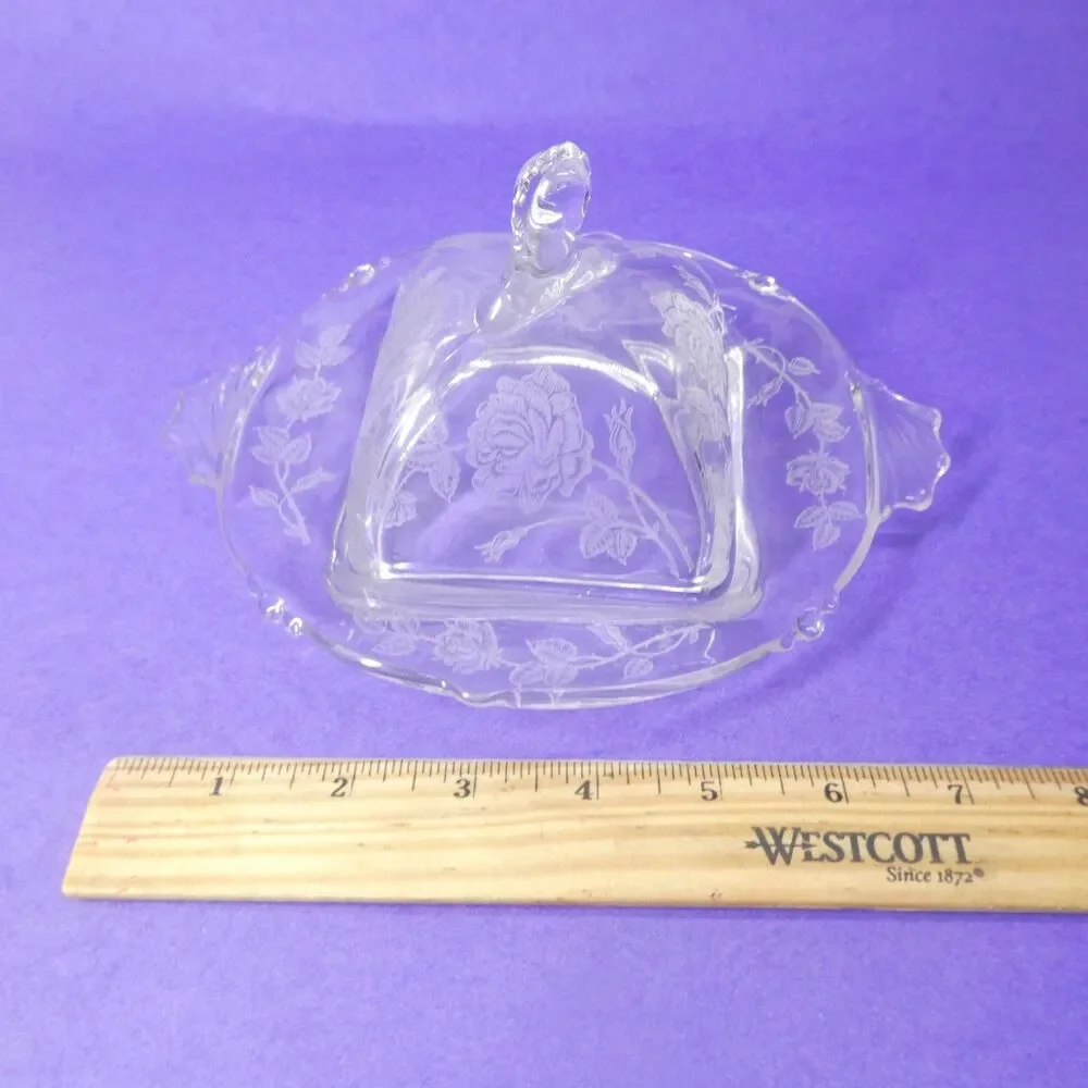Heisey Rose Square Butter Dish With Lid - Clear Etched Glass Vintage